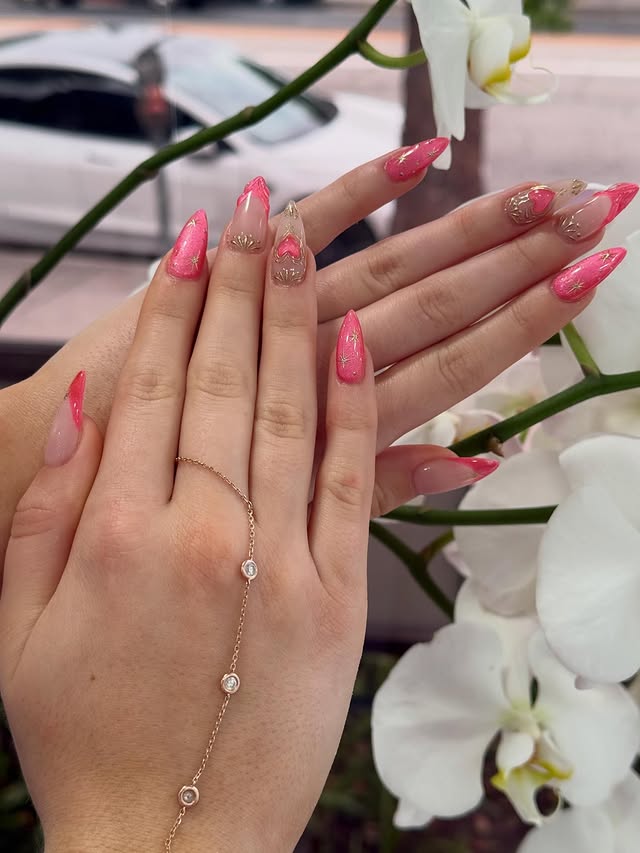 Bright Pink Starry Gold Almond Nails — Gel X Nails