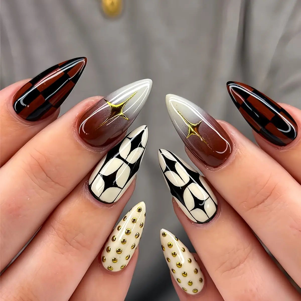 Bold Geometric and Gold Stiletto Nails Bold Geometric and Gold Stiletto Nails — Abstract Nails