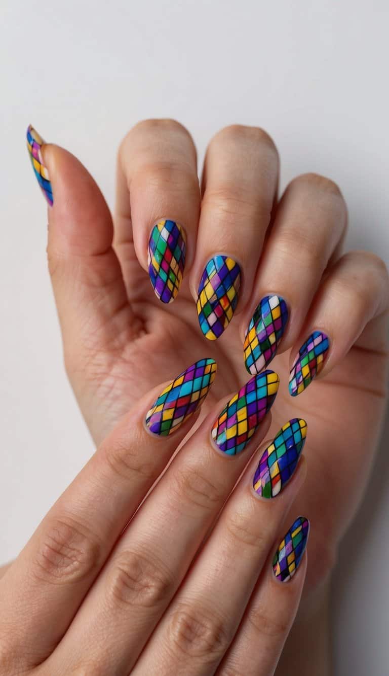 Vibrant Stained-Glass Geometric Almonds Vibrant Stained-Glass Geometric Almonds — Cute Nails