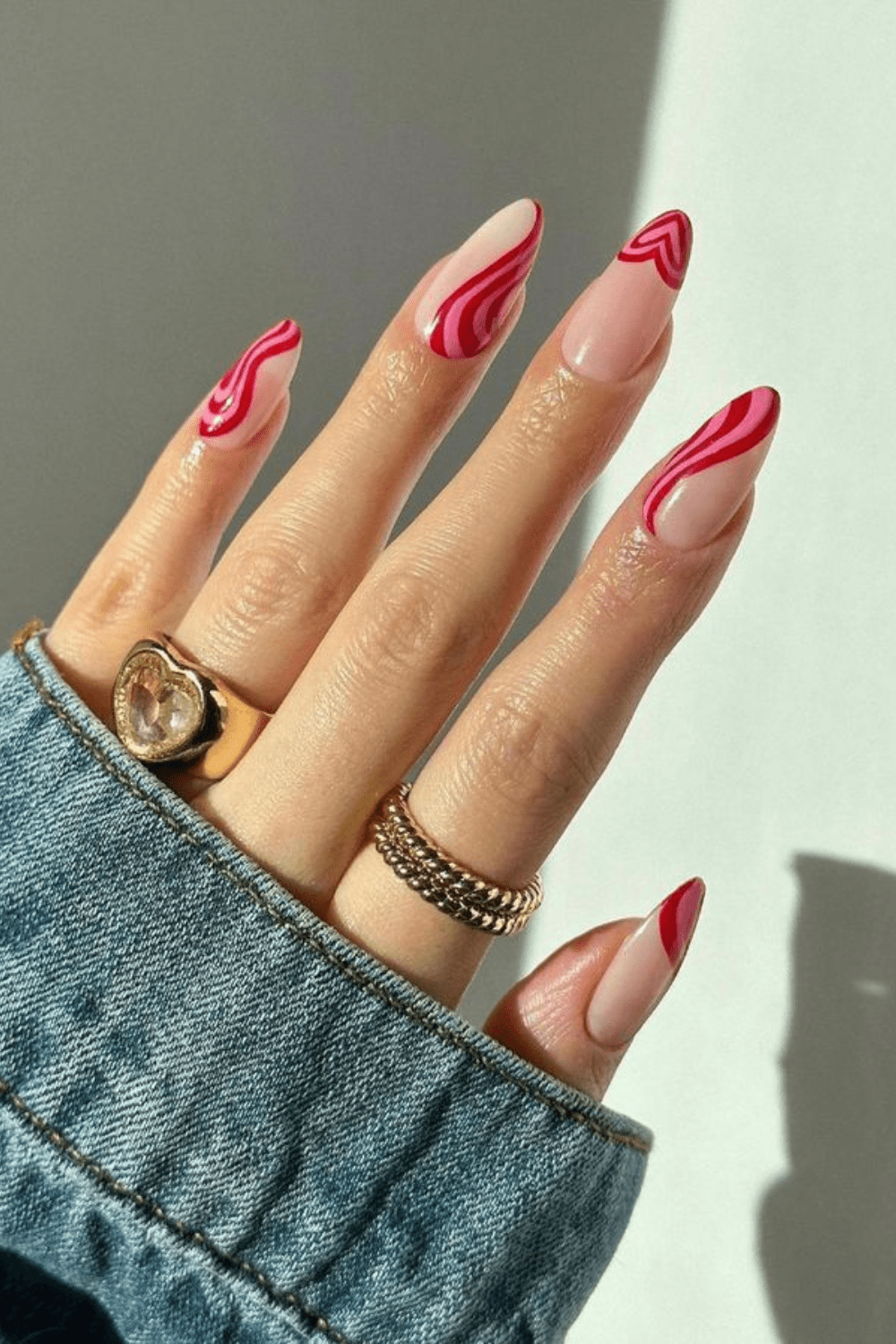 Pink and Red Swirls with Heart Accent Pink and Red Swirls with Heart Accent — Swirl Nails