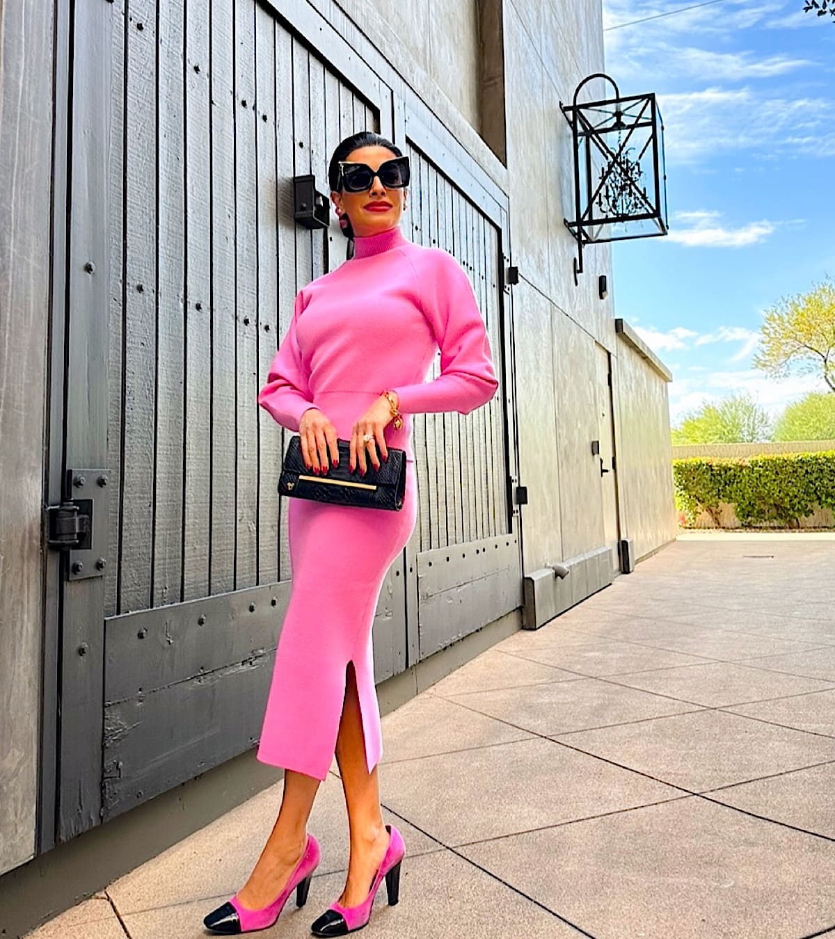 Vibrant Hot Pink Knit Midi Dress for a Chic Brunch — Brunch Outfits