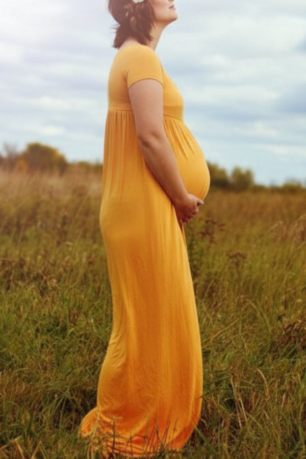 Mustard Yellow Empire Waist Maxi Dress with Flower Crown Mustard Yellow Empire Waist Maxi Dress with Flower Crown — Baby Shower Outfits