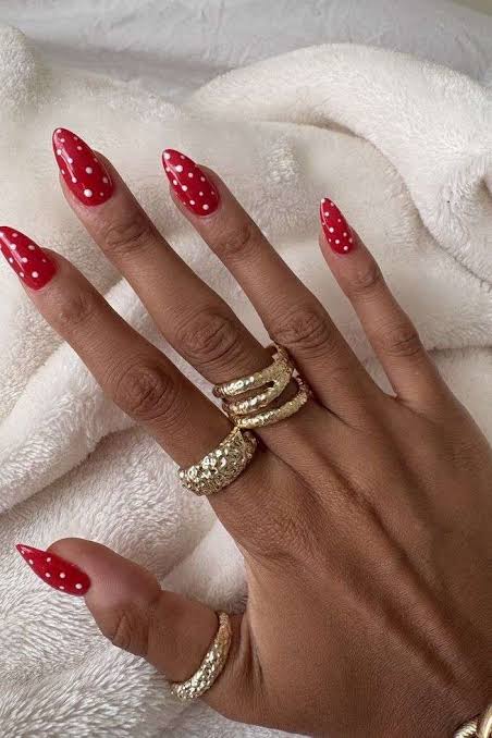 Bright Red With White Polka Dots — Red Nails