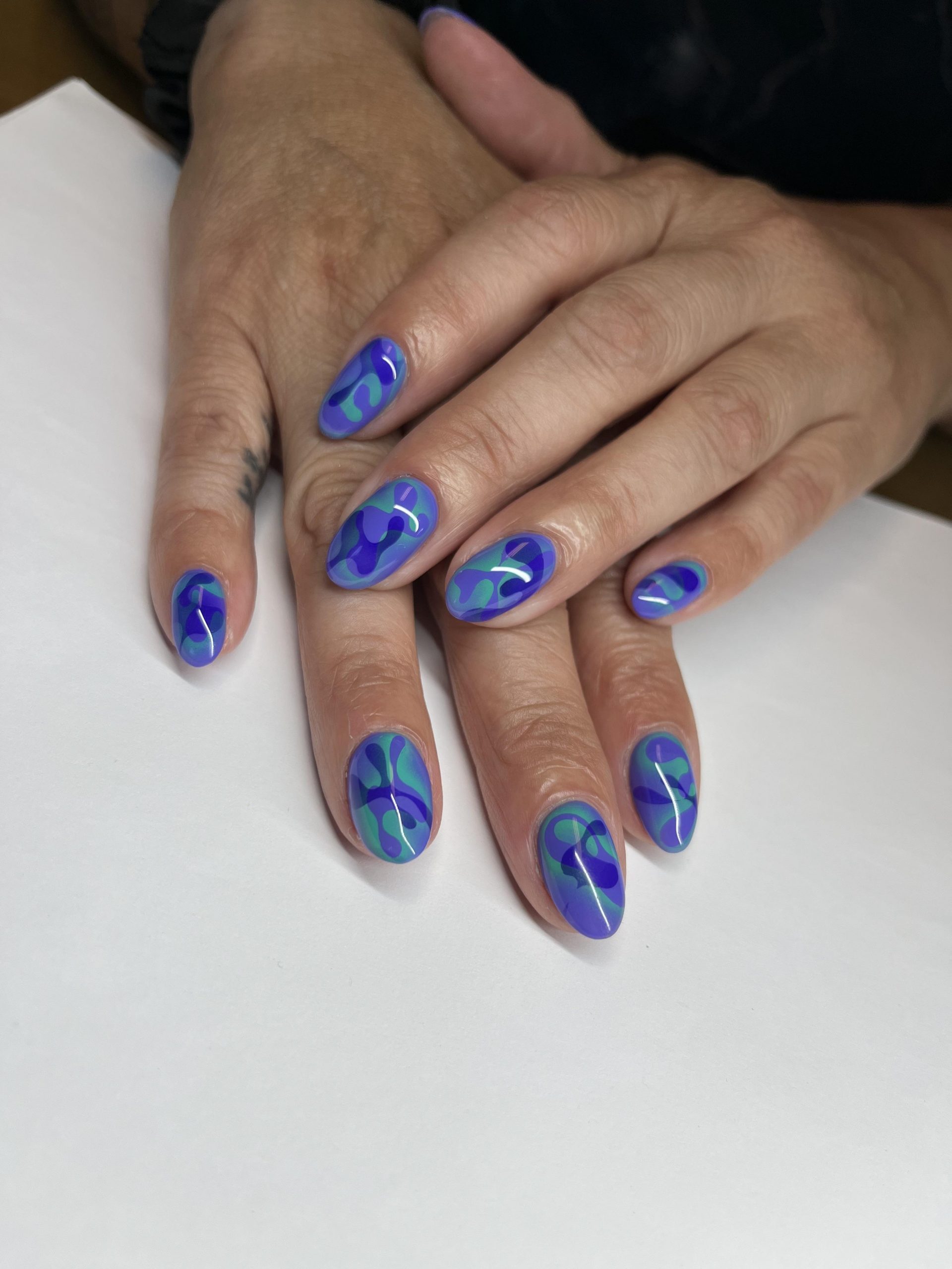 Blue and Green Airbrush Camouflage Almonds — Airbrush Nails