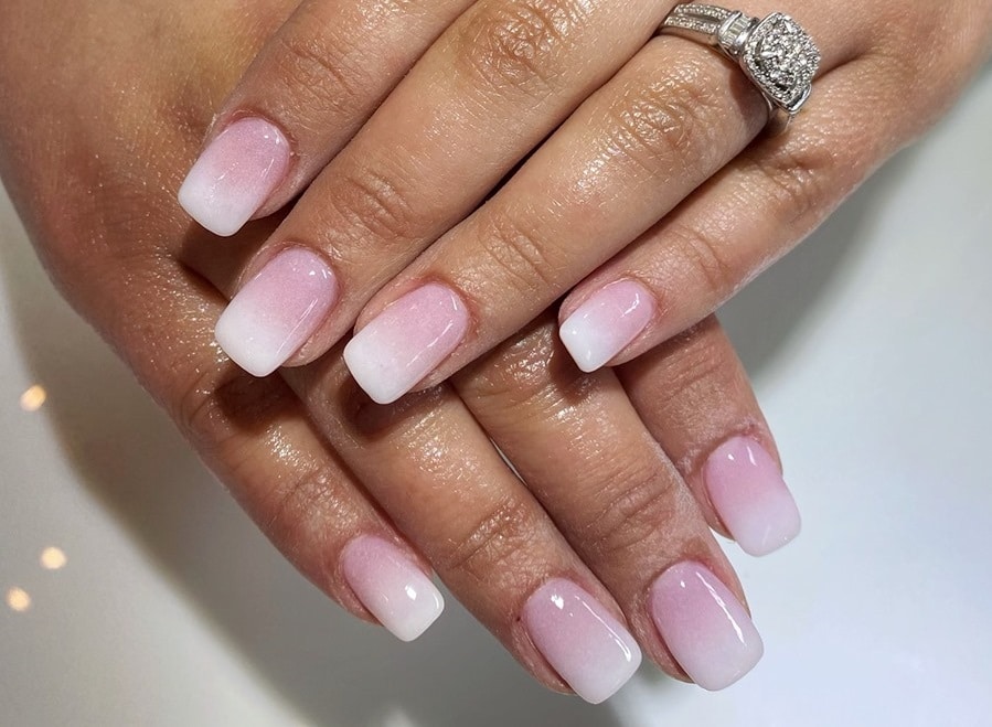 Glossy Pink to White Ombre Squares Glossy Pink to White Ombre Squares — Dip Powder Nails