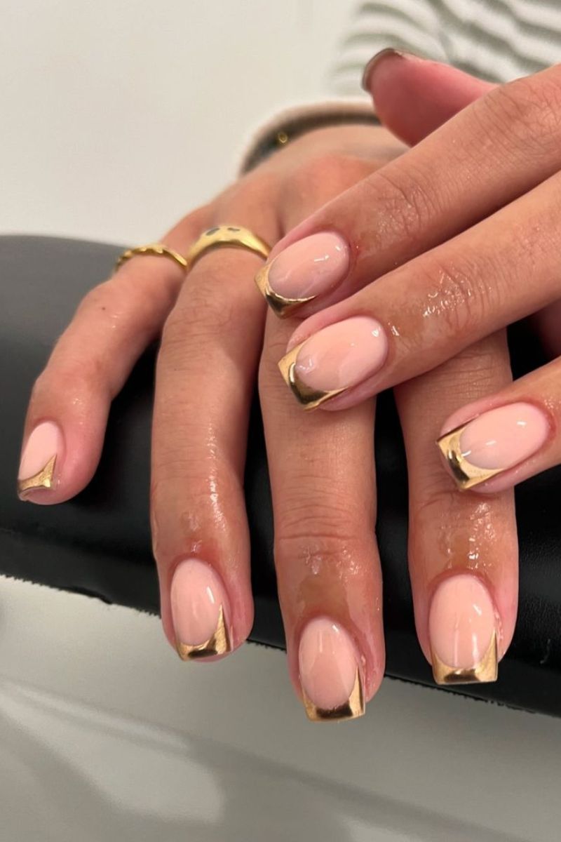 Festive Gold French Tips on Short Square Nails — Gold French Tip Nails