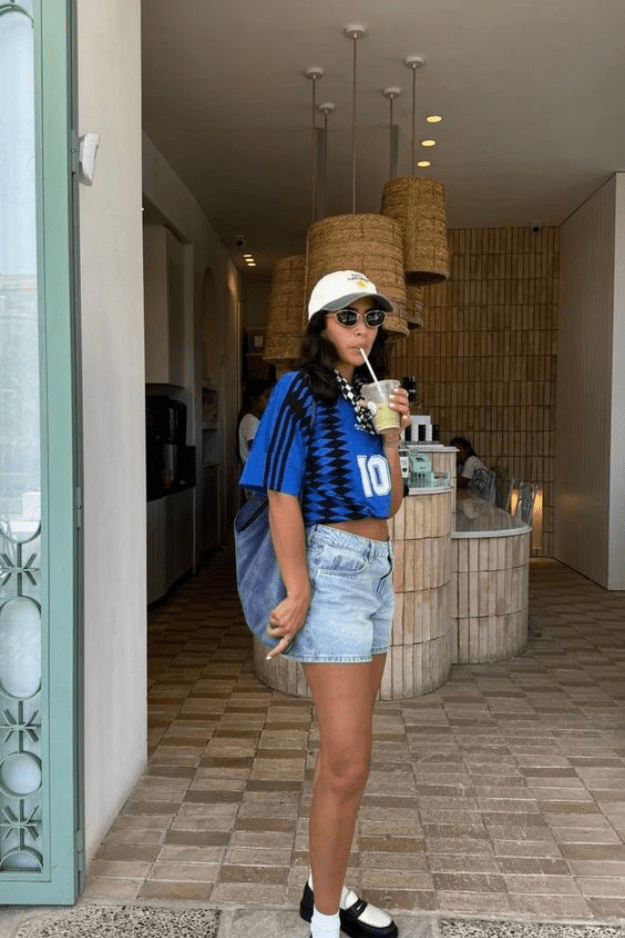 Sporty Soccer Jersey and Denim Shorts Combo — Soccer Mom Outfits