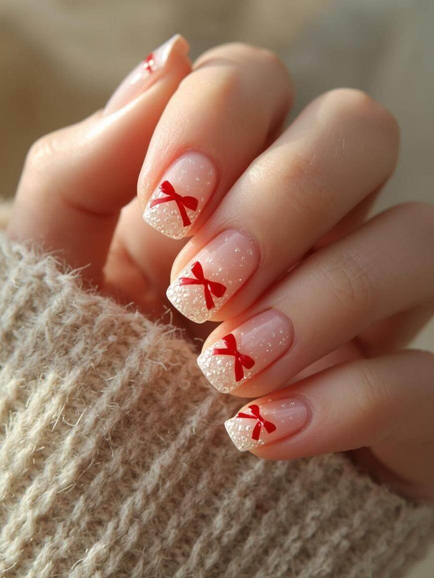 Festive Red Bow Glitter French Nails Festive Red Bow Glitter French Nails — Bow Nails