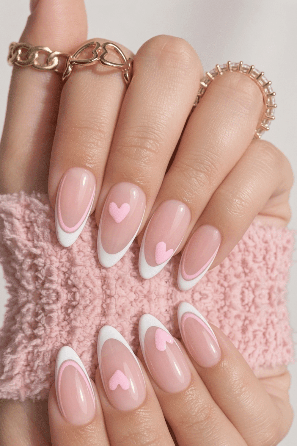 Glossy Pink Hearts French Almonds with Outline — Pink and White Nails