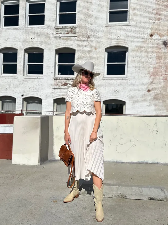 Cream Lace Crop Top with Pleated Midi Skirt and Cowboy Boots — Coastal Cowgirl Outfits