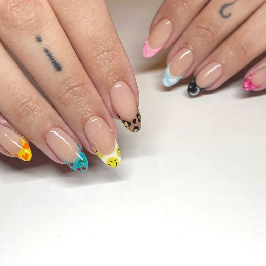 Playful French Tips on Sheer Nude — Mismatched Nails