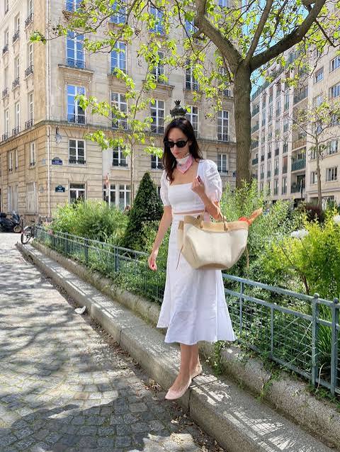 Playful Parisian Summer: Puff-Sleeve Crop Top and Midi Skirt — French Girl Outfits