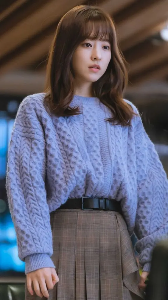 Chunky Cable-Knit Sweater with Plaid Pleated Skirt Chunky Cable-Knit Sweater with Plaid Pleated Skirt — Korean Outfits