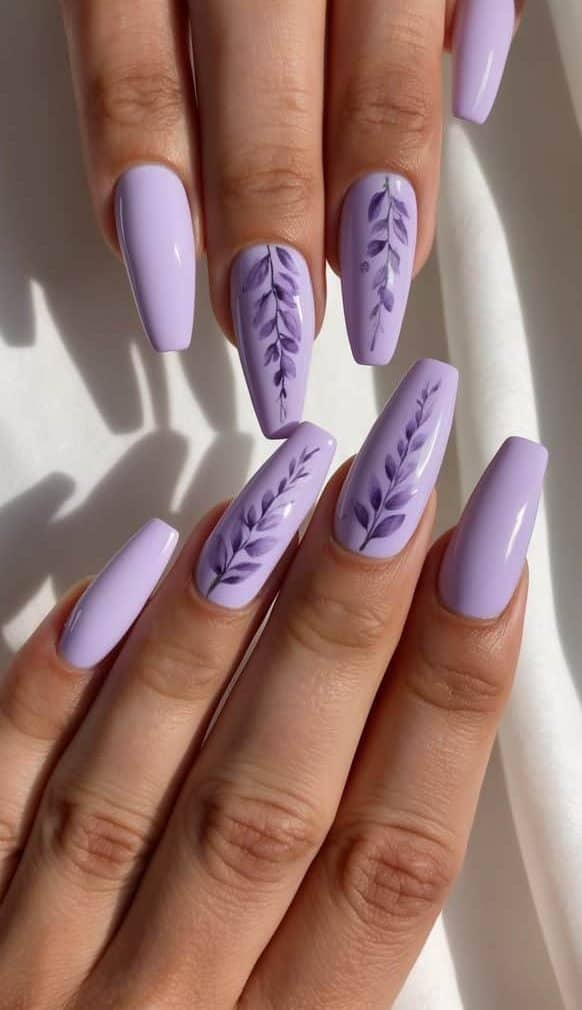 Light Lavender Coffin With Leaf Art Light Lavender Coffin With Leaf Art — Lavender Nails