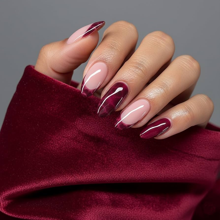 Sheer Pink Marble French Tip Oval Nails Sheer Pink Marble French Tip Oval Nails — Dark Nails