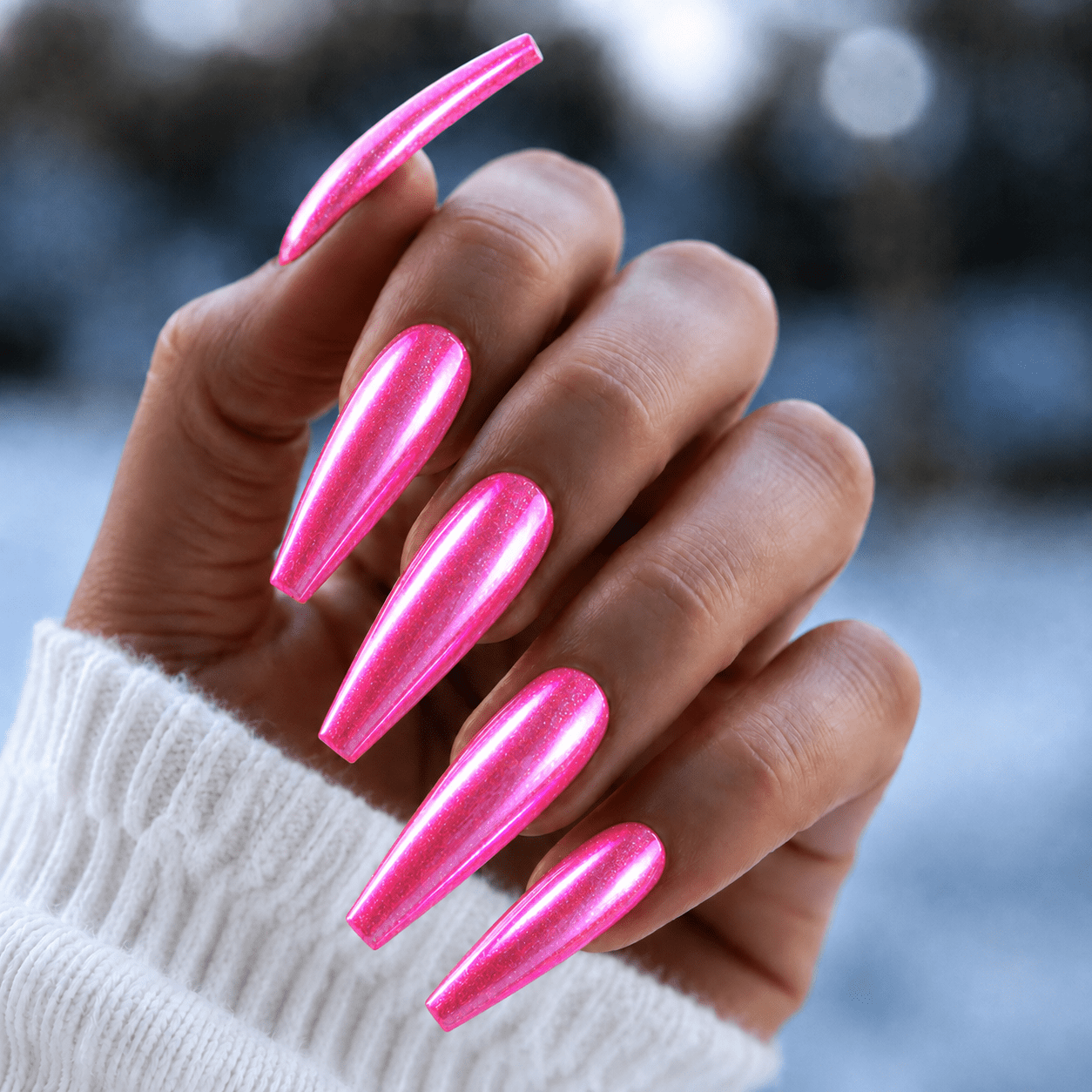 Vibrant Bright Pink Chrome Coffin Vibrant Bright Pink Chrome Coffin — Pink Chrome Nails