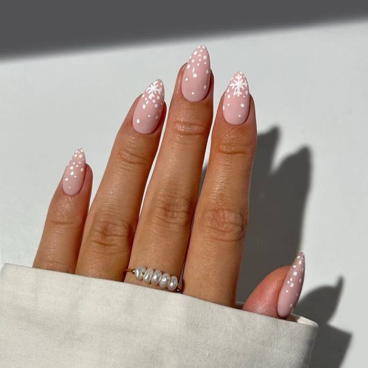 Matte Light Pink with White Snowflake Art Matte Light Pink with White Snowflake Art — White Nails