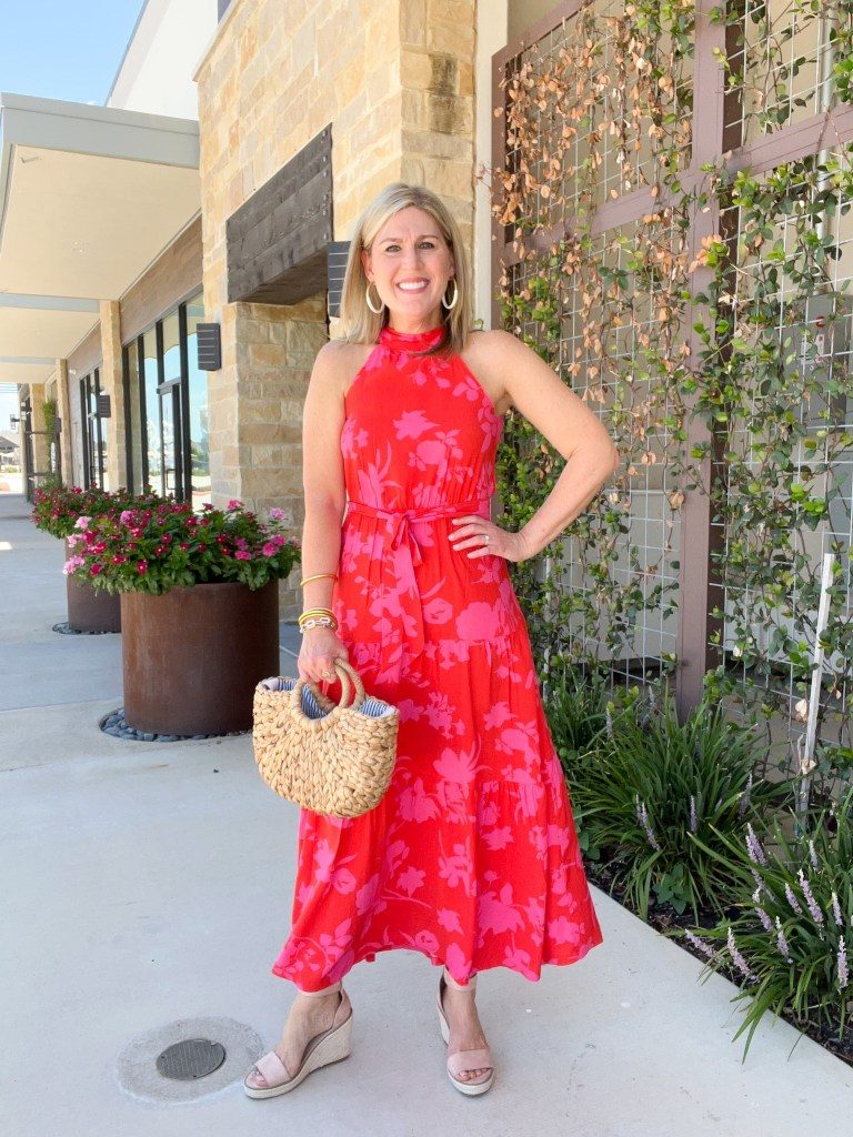 Red and Pink Floral Print Halter Midi Dress with Tie Waist — Rehearsal Dinner Outfits