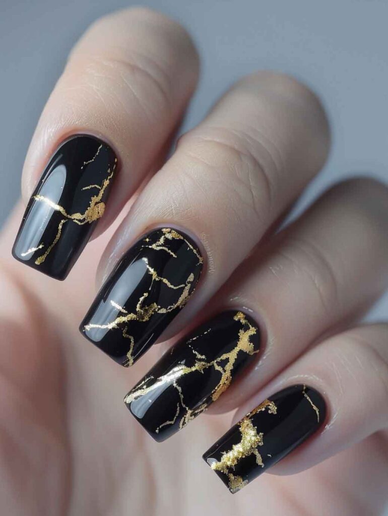 Glossy Black with Gold Crackle Effect — Black and Gold Nails