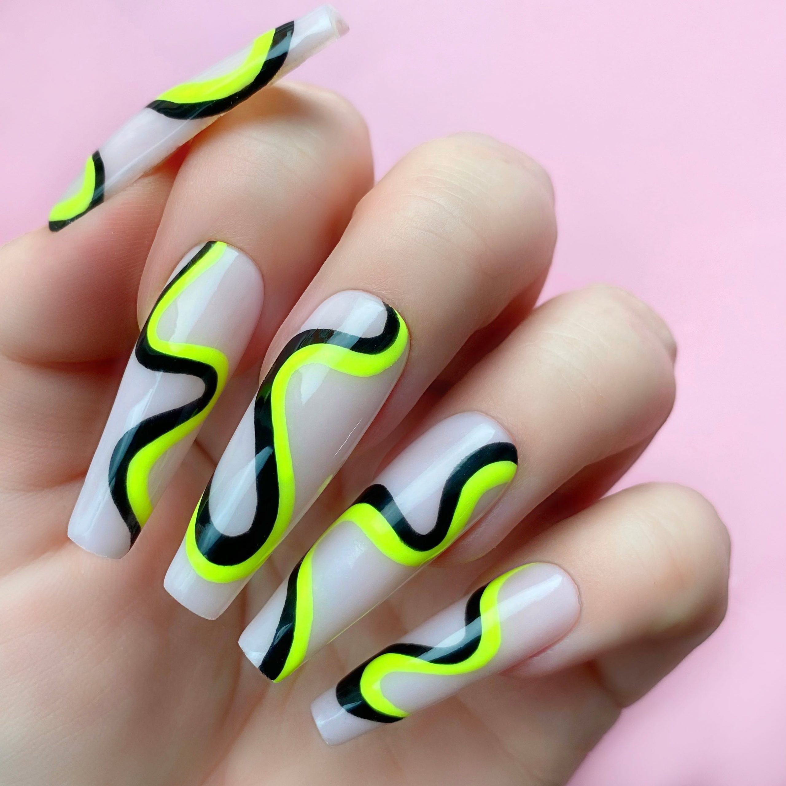Neon Yellow Wavy Lines on Coffin Neon Yellow Wavy Lines on Coffin — Negative Space Nails