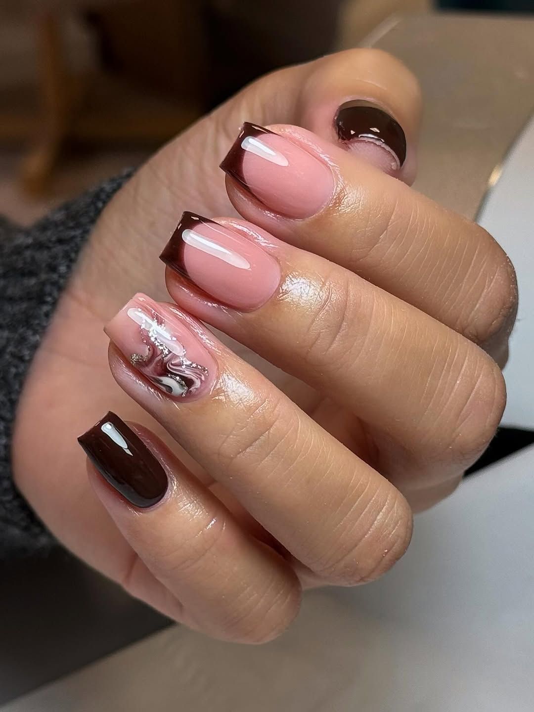 Glossy Abstract Art on Brown French Tips — Brown French Tip Nails