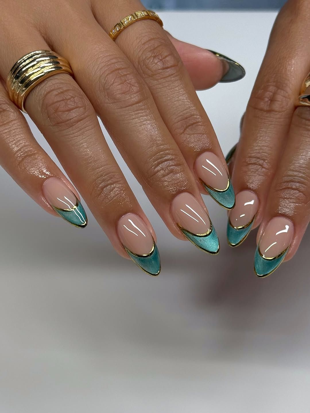 Teal and Gold Foil Cuticle Line French Teal and Gold Foil Cuticle Line French — Colored French Tip Nails