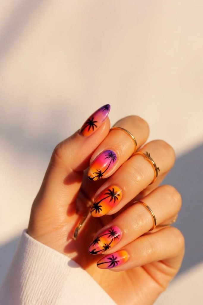 Sunset Palm Tree Gradient Almonds — Vacation Nails