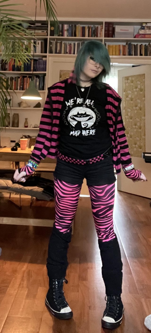 Playful Punk: Striped Cardigan, Zebra Leggings, and High-Tops — Emo Outfits