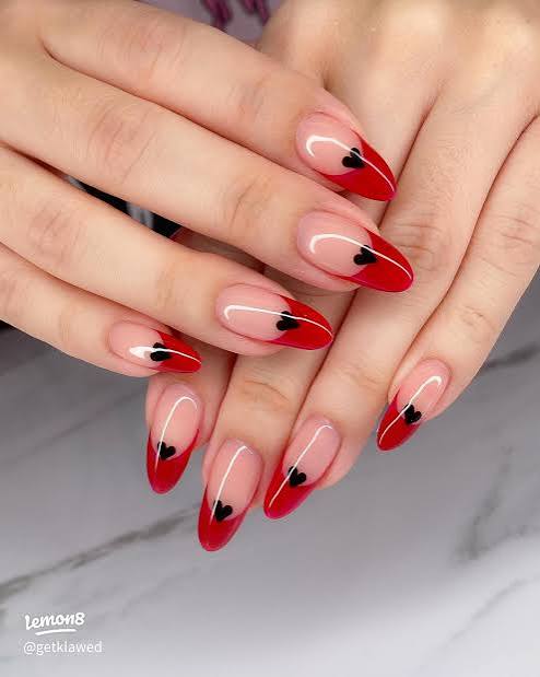 Black Heart Details On The Red Tips Visual Idea — Red French Tip Nails