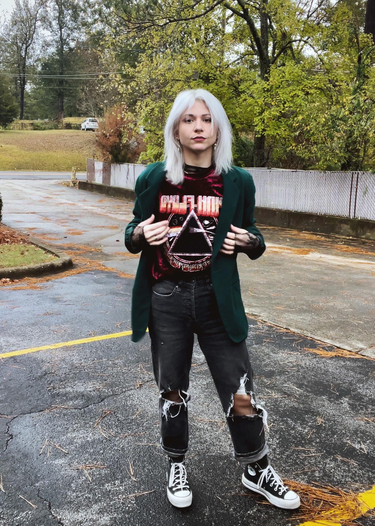Blazer with Edge: Velvet Band Tee and Oversized Green Blazer Blazer with Edge: Velvet Band Tee and Oversized Green Blazer — Punk Outfits