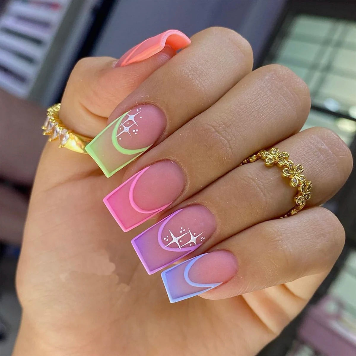 Neon Gradient Square Acrylic Nails With Designs on Luulla