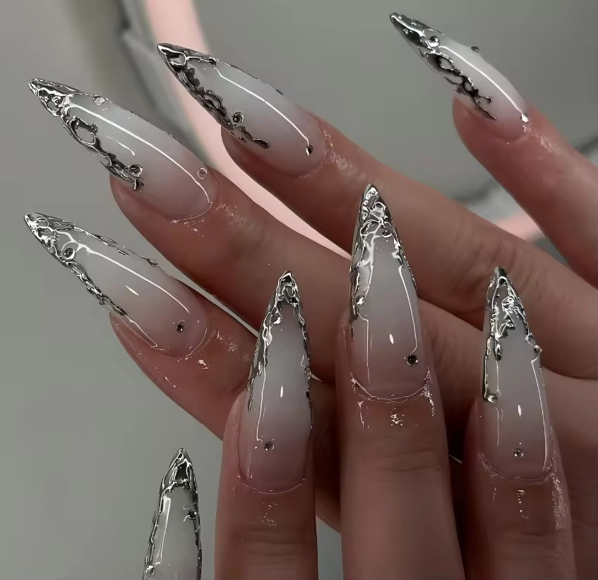Futuristic Silver Edge Ombré Stilettos — Long Nails