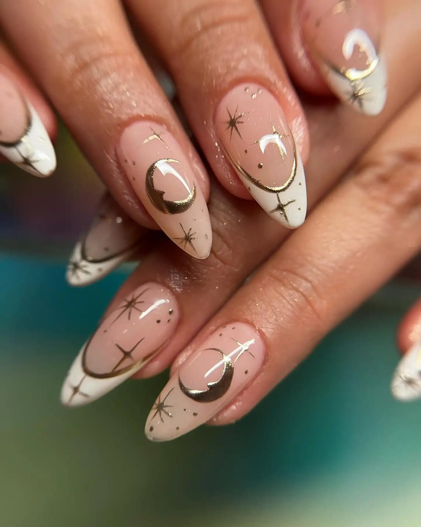 Long Almond Gold Foil Celestial Nails Long Almond Gold Foil Celestial Nails — Star Nails