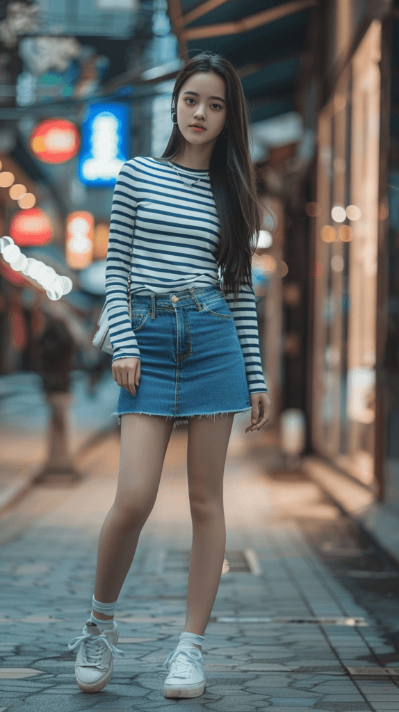 School Denim A-line Skirt with Striped T-shirt and Sneakers — School Outfits