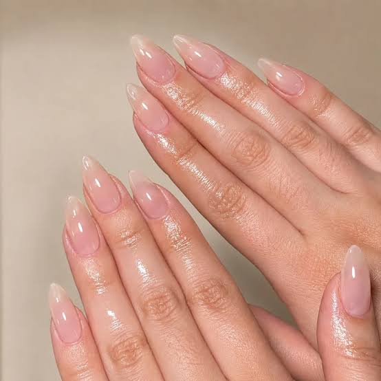 Milky Pink Sheer Glossy Stiletto Nails — Aesthetic Nails