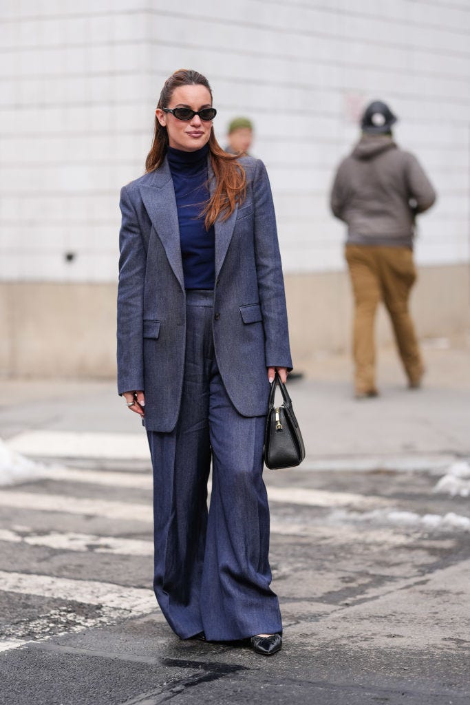 Oversized Denim Suit with Turtleneck for Modern Office Siren Oversized Denim Suit with Turtleneck for Modern Office Siren — Office Siren Outfits