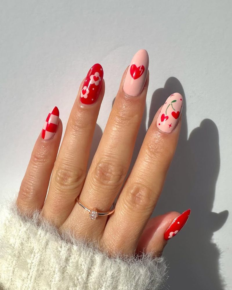 Long Oval Playful Cherry and Heart Motifs Long Oval Playful Cherry and Heart Motifs — Heart Nails