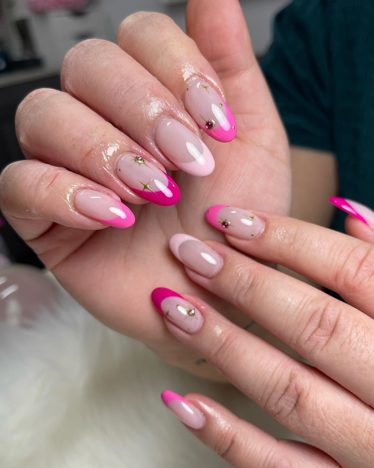 Gold Stars and Rhinestone French Gold Stars and Rhinestone French — Pink French Tip Nails