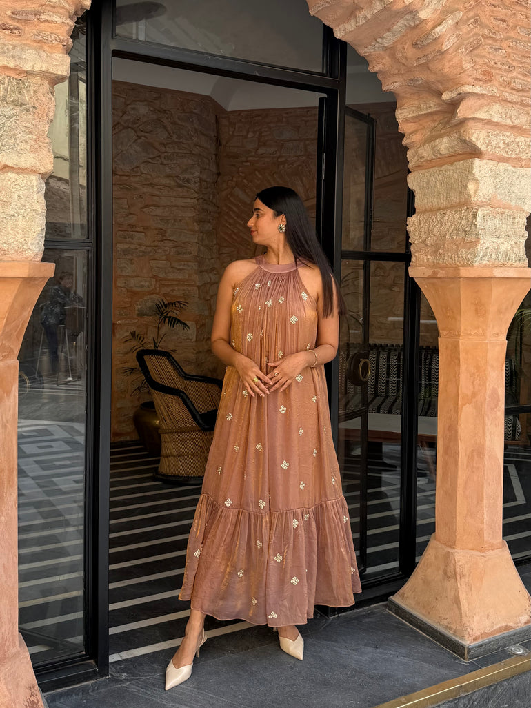 Evening Resort Glamour: Rose Gold Embroidered Maxi Dress Honeymoon Outfits
