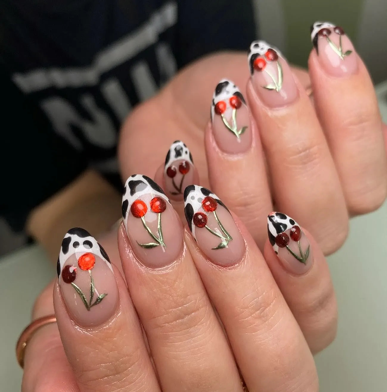 Clear Base Cow Print with Cherry Accents Clear Base Cow Print with Cherry Accents — Cow Print Nails