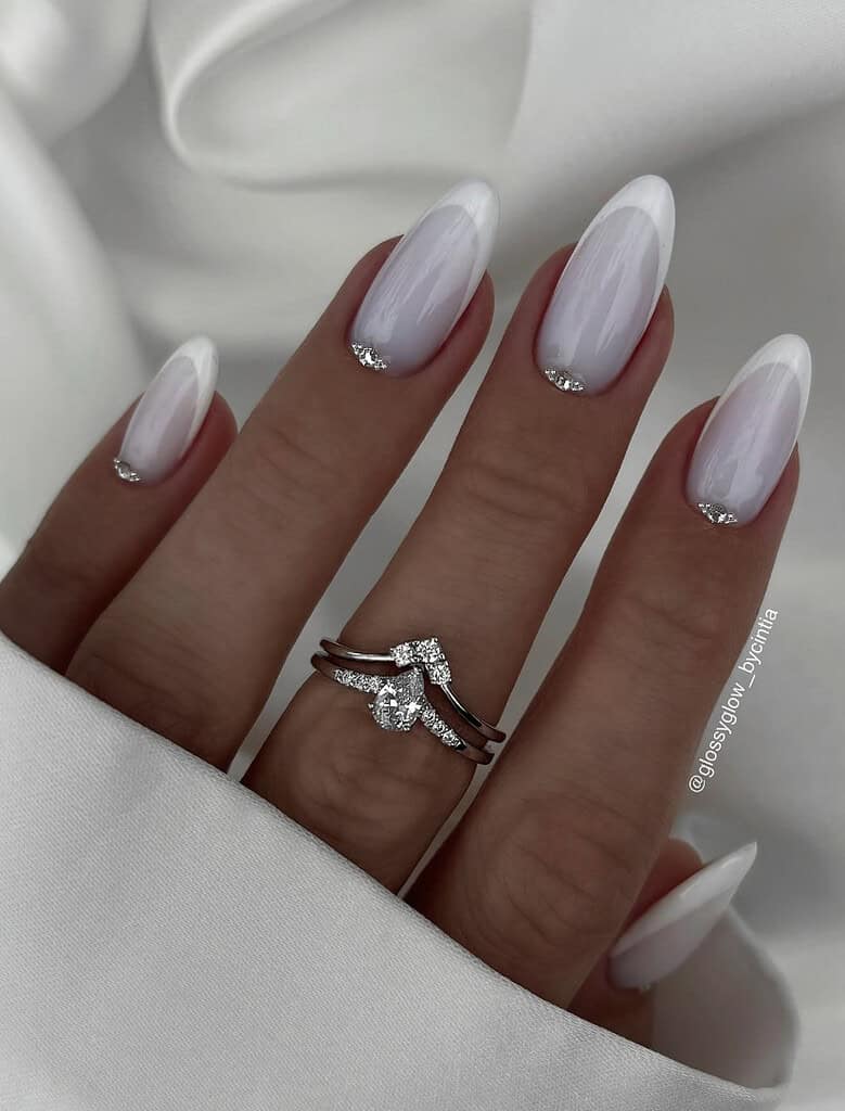 Sheer White French Tips with Rhinestone Accents Sheer White French Tips with Rhinestone Accents — White Nails