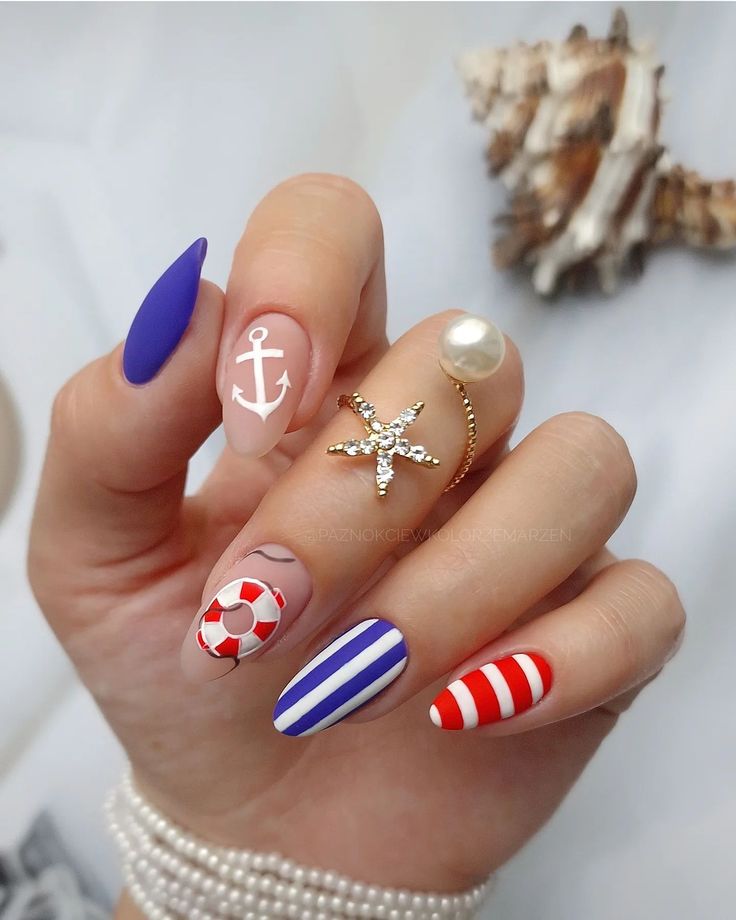 Matte Nautical Navy White Red — Beach Nails