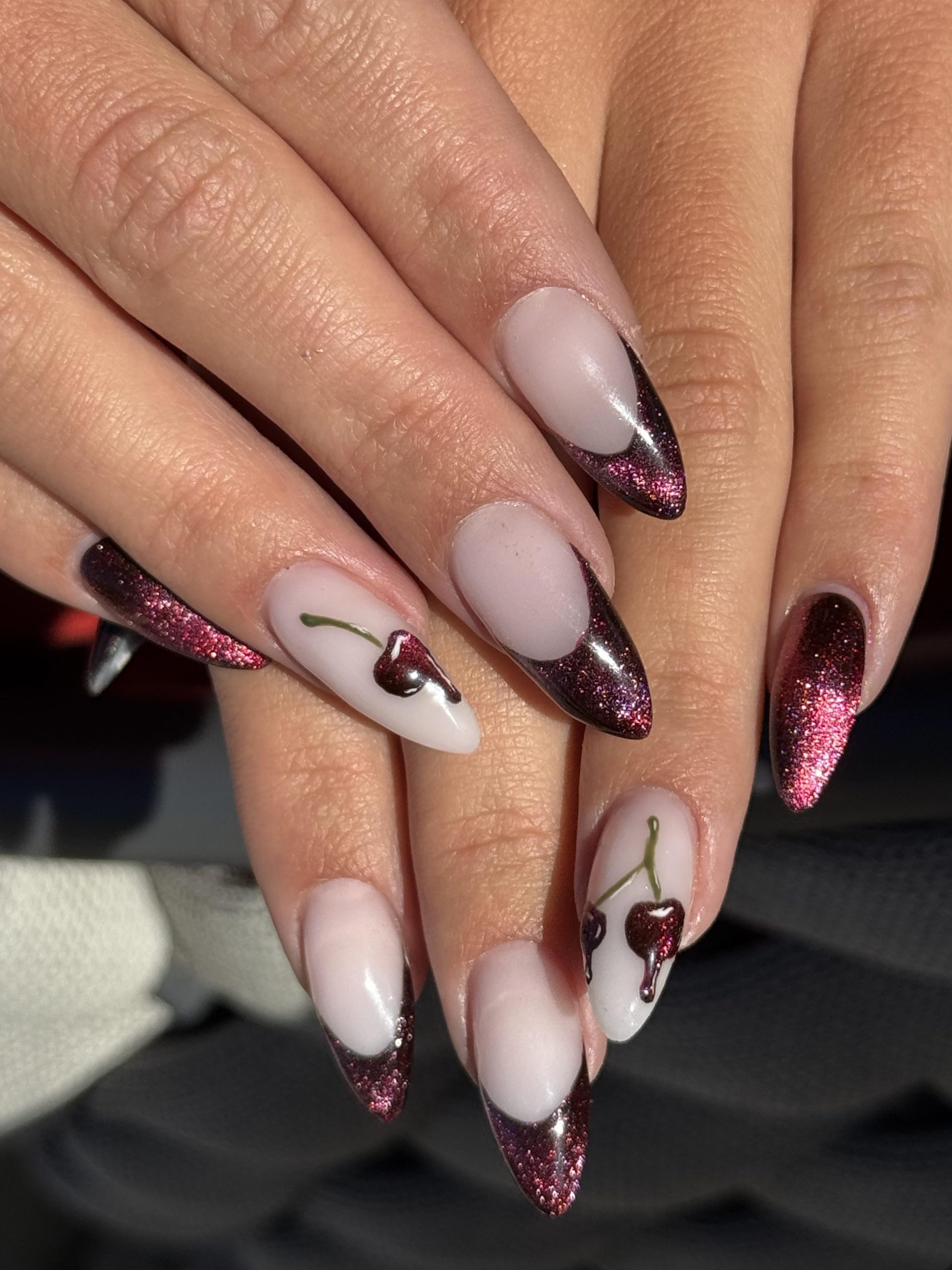 Sheer Pink Almonds With Glitter French Tips Sheer Pink Almonds With Glitter French Tips — Cherry Nails