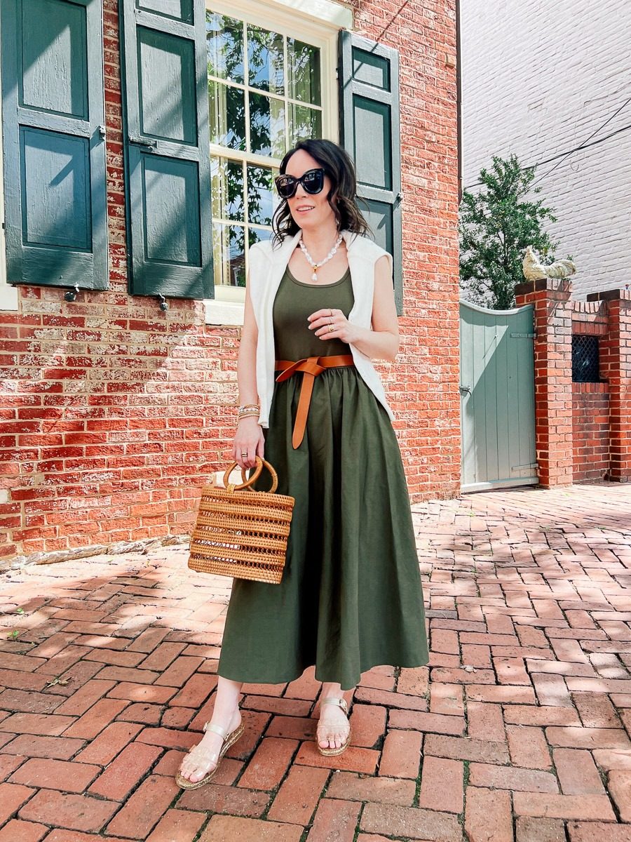 Sophisticated Layering: Olive Midi Dress with White Vest Sophisticated Layering: Olive Midi Dress with White Vest — Dressy Outfits