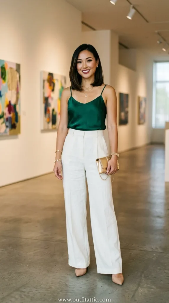 Emerald Satin Camisole with Wide-Leg Linen Trousers Emerald Satin Camisole with Wide-Leg Linen Trousers — Going Out Outfits