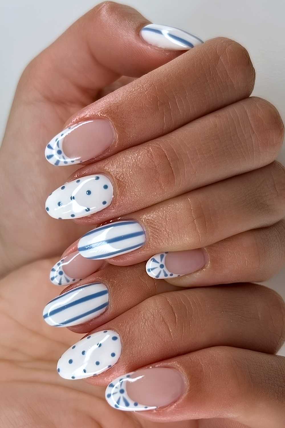 Nautical Oval with Mixed Patterns — Nail Designs