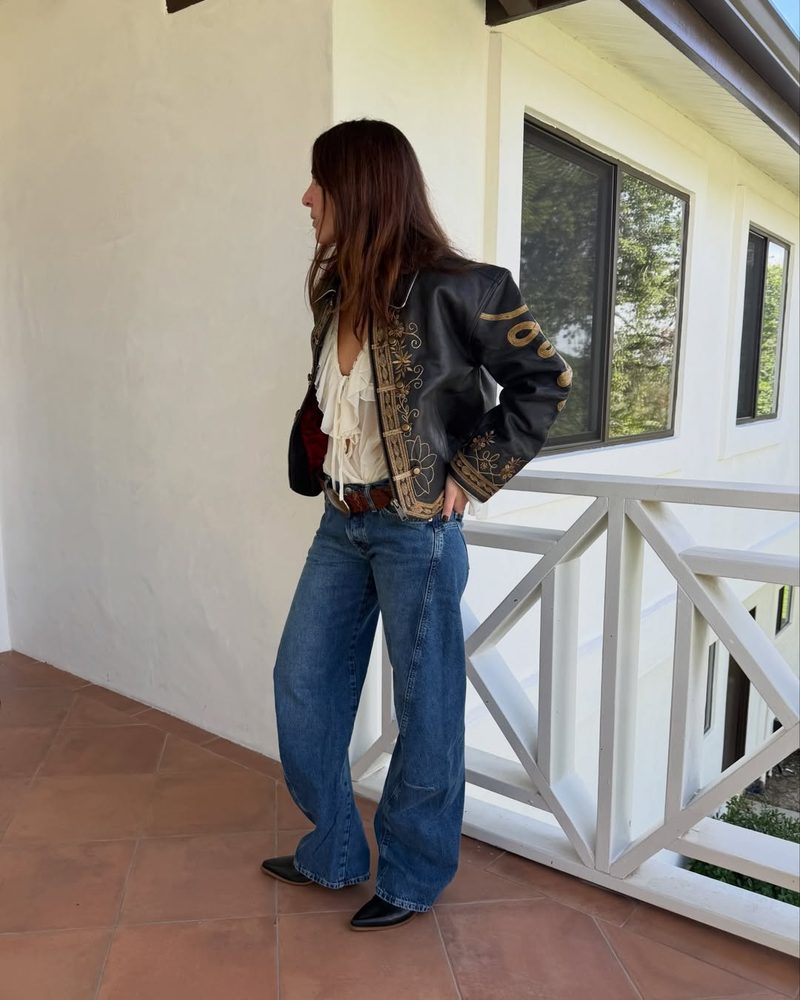 Embroidered Leather Jacket Over Ruffled Blouse and Wide-Leg Jeans Embroidered Leather Jacket Over Ruffled Blouse and Wide-Leg Jeans — Nashville Outfits