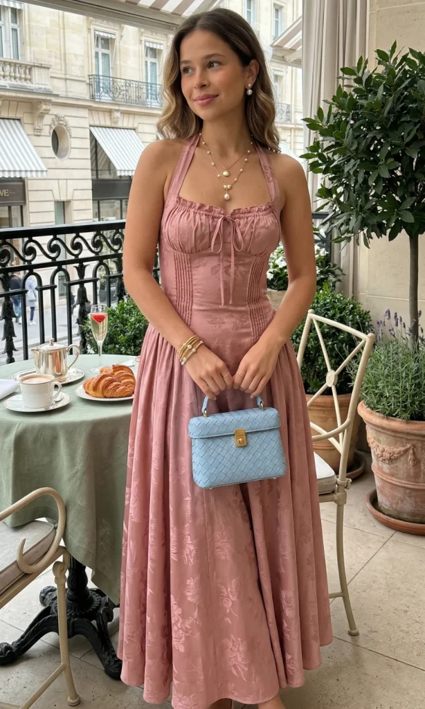Pink Jacquard Midi Dress with Halter Neck for a Charming First Date Pink Jacquard Midi Dress with Halter Neck for a Charming First Date — First Date Outfits