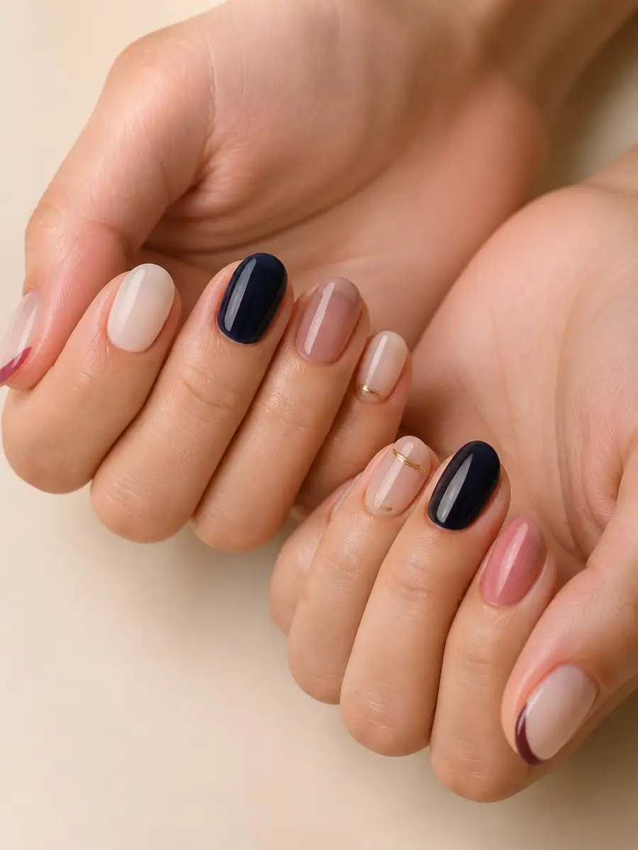Minimalist Black Line Art on Nude — Classy Short Nails