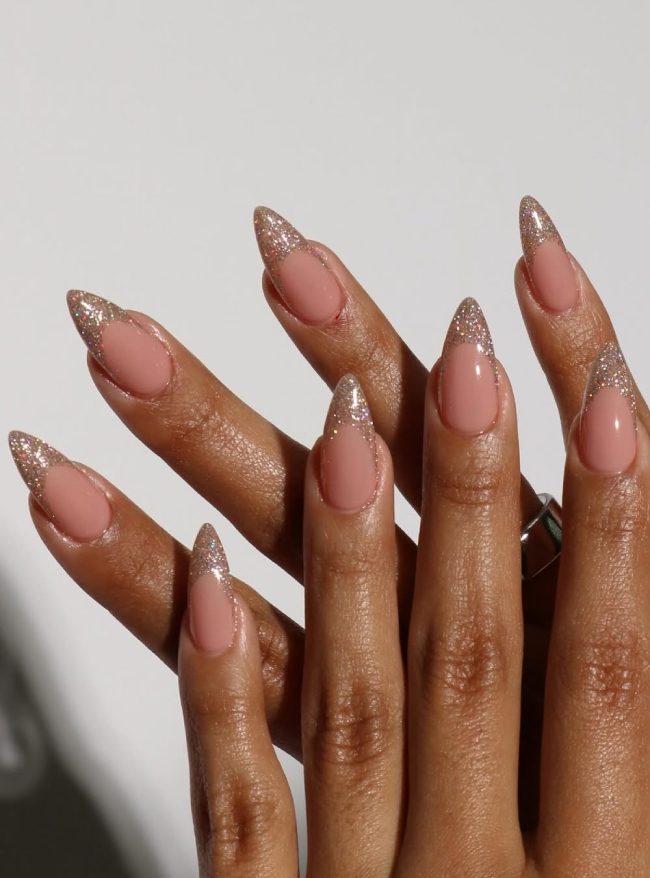 15 Trendy French Tips To Try Now :Glitter French Tip Elegant Nude Nails